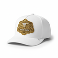 White men's western snapback cap with gold Dixon Hats ornate longhorn badge embroidery