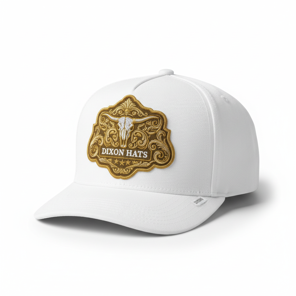 White men's western snapback cap with gold Dixon Hats ornate longhorn badge embroidery
