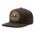 Dark brown men's western snapback cap with gold Dixon Hats ornate longhorn badge embroidery