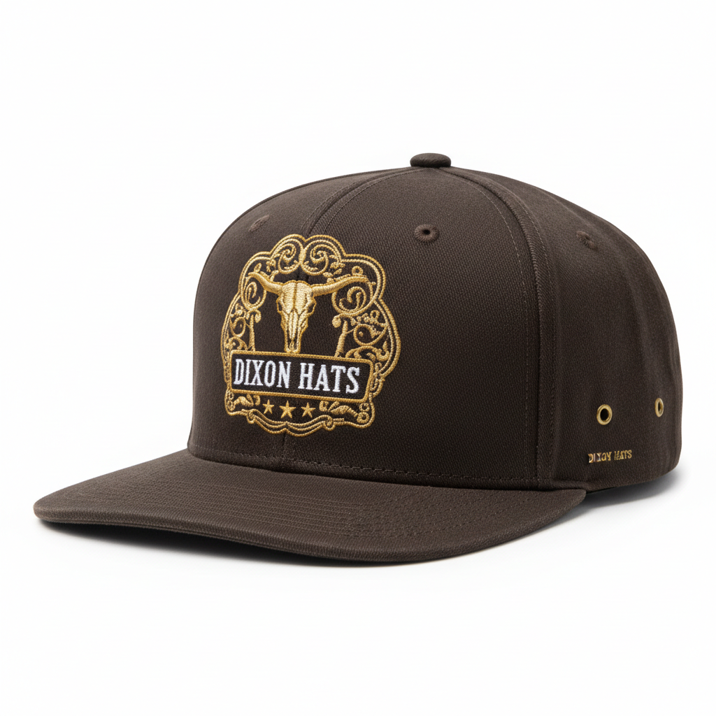 Dark brown men's western snapback cap with gold Dixon Hats ornate longhorn badge embroidery