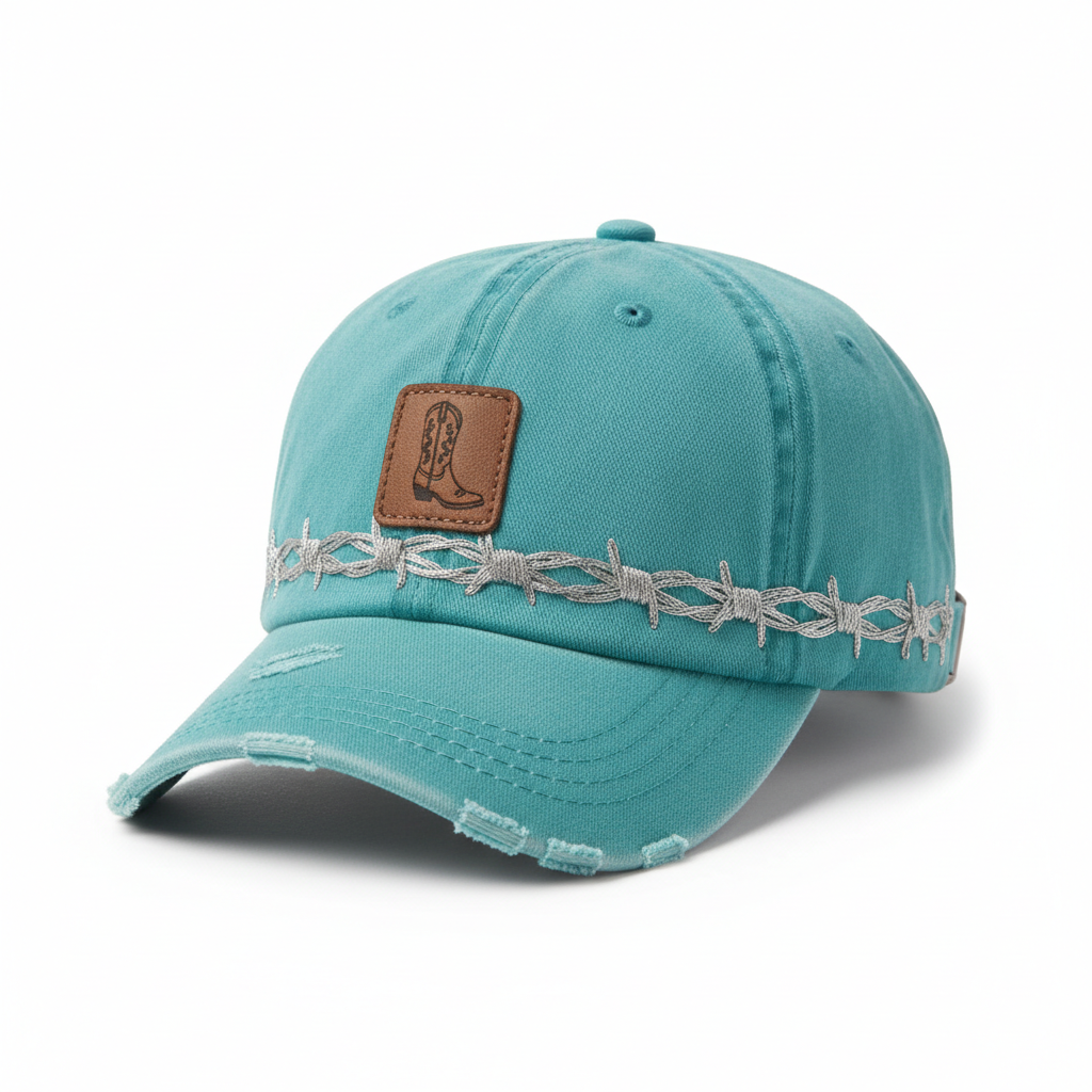 Turquoise dad hat with silver barbed wire embroidery band around the crown