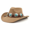 Tan suede wide brim western cap with turquoise and silver concho accents