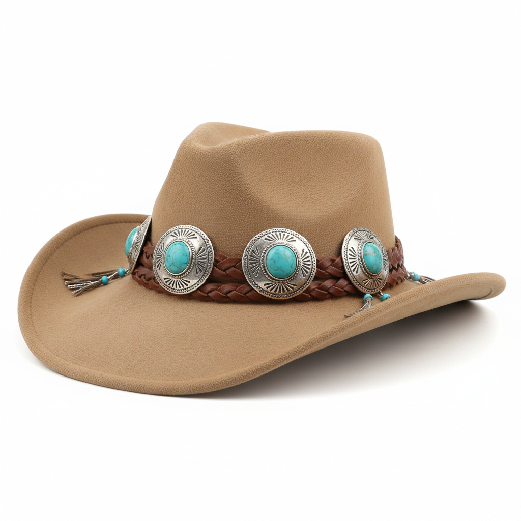 Tan suede wide brim western cap with turquoise and silver concho accents