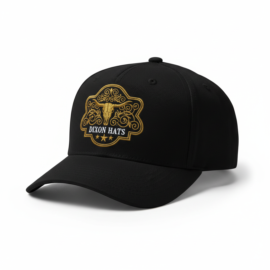 Black men's western snapback cap with gold Dixon Hats ornate longhorn badge embroidery