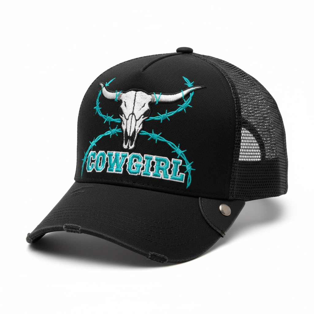 Black trucker cap with turquoise barbed wire longhorn skull embroidery on the front panel