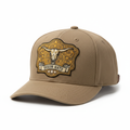 Tan khaki men's western snapback cap with gold Dixon Hats ornate longhorn badge embroidery