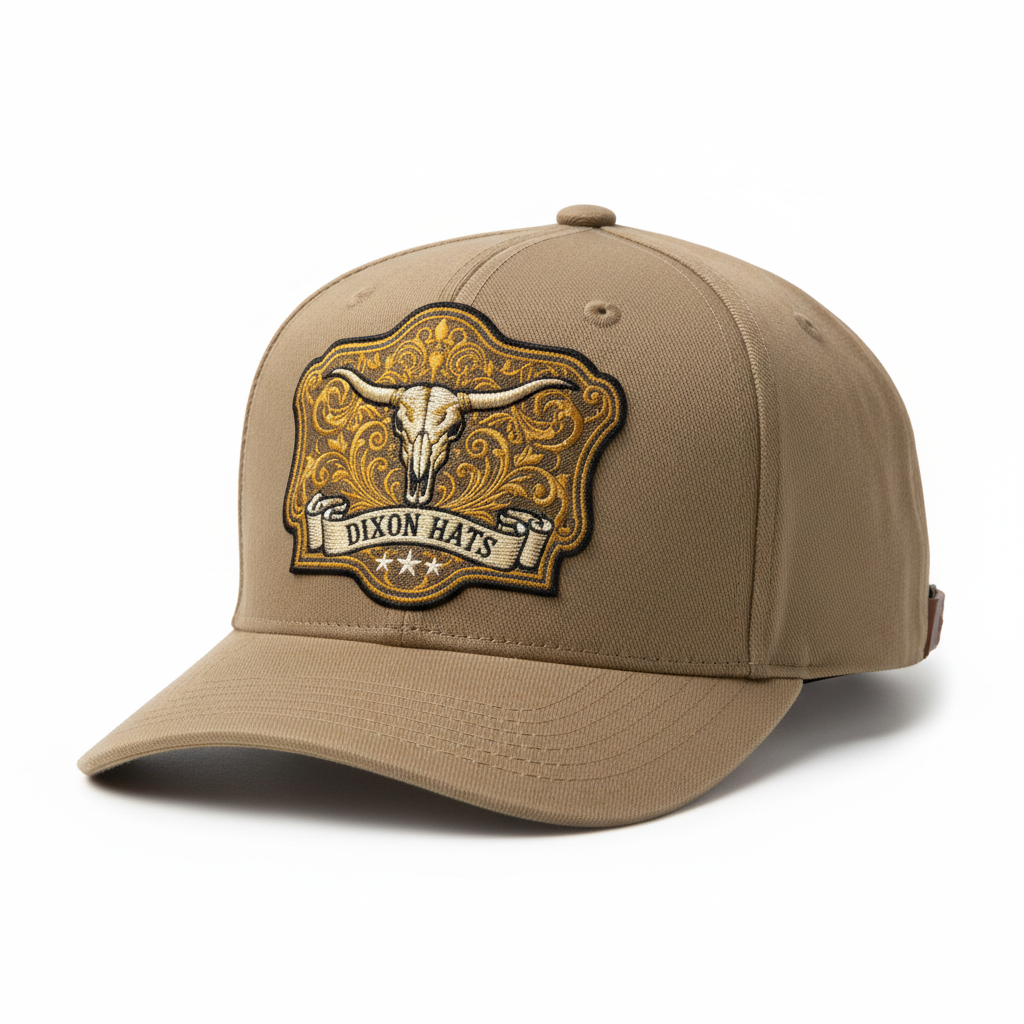 Tan khaki men's western snapback cap with gold Dixon Hats ornate longhorn badge embroidery