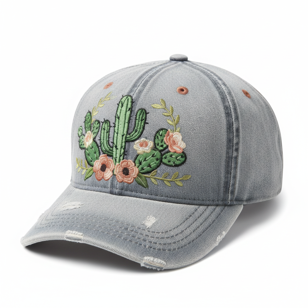 Distressed denim snapback with embroidered cactus and floral design and rose gold eyelets